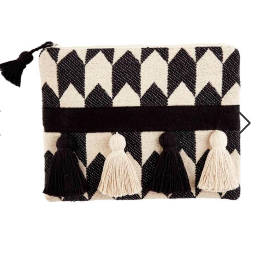 Women's Black and Cream Tassel Handwoven Case Mud Pie
